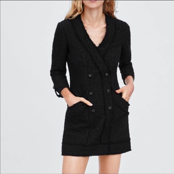 Zara Black Tweed Blazer Mini Dress Metallic Double Breasted - Picture 3 of 11